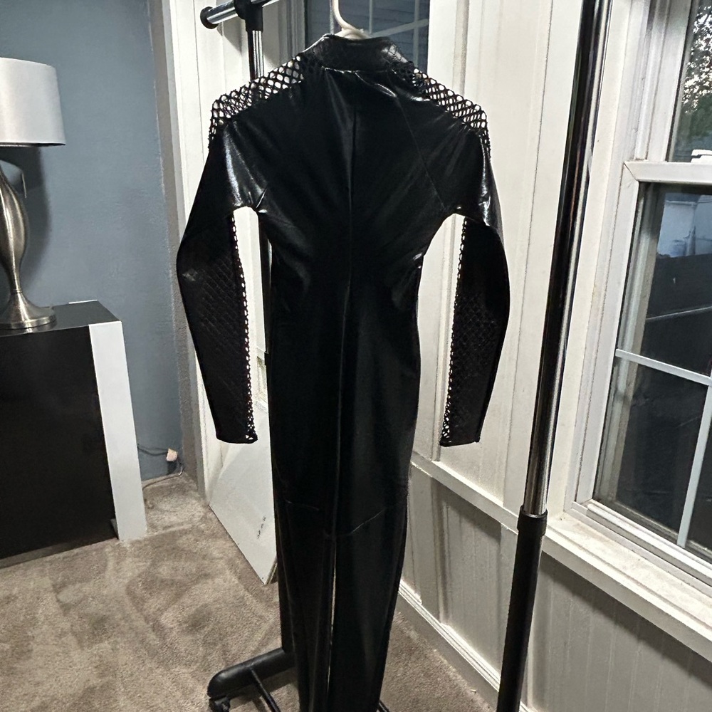 Leg Avenue Black Faux Leather Catsuit with Fishnet Sleeves - Picture 2 of 4